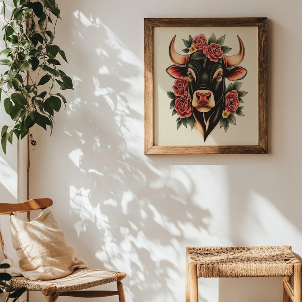 Vintage Western Bull Fine Art Print & Wild West Boho Art Print- Vintage Cowgirl